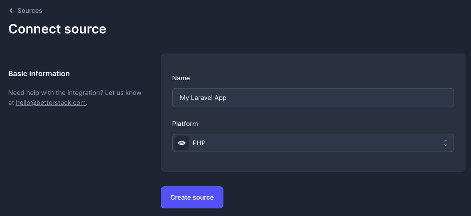 Better Stack connect source user interface